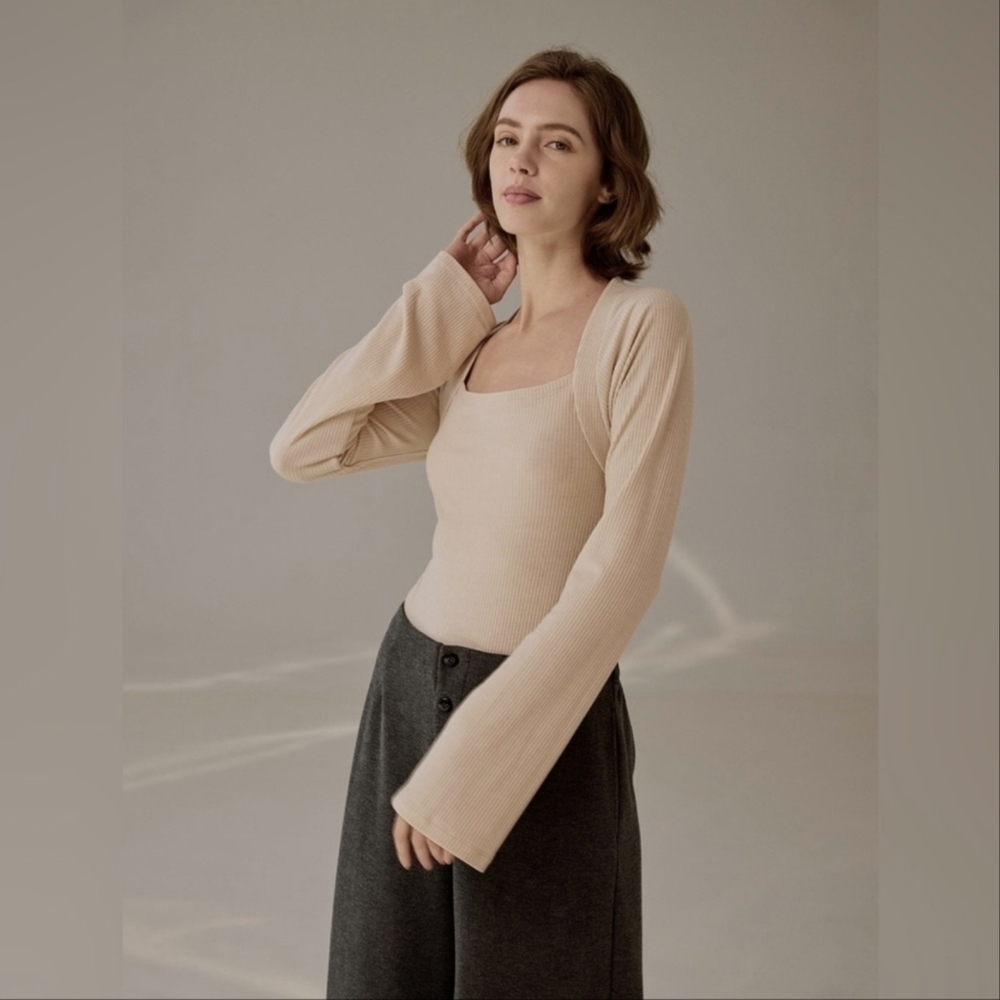 Nap Loungewear Ribbed Knit Bolero Square Neck Long Flared Sleeve Top Cream L - Picture 13 of 14